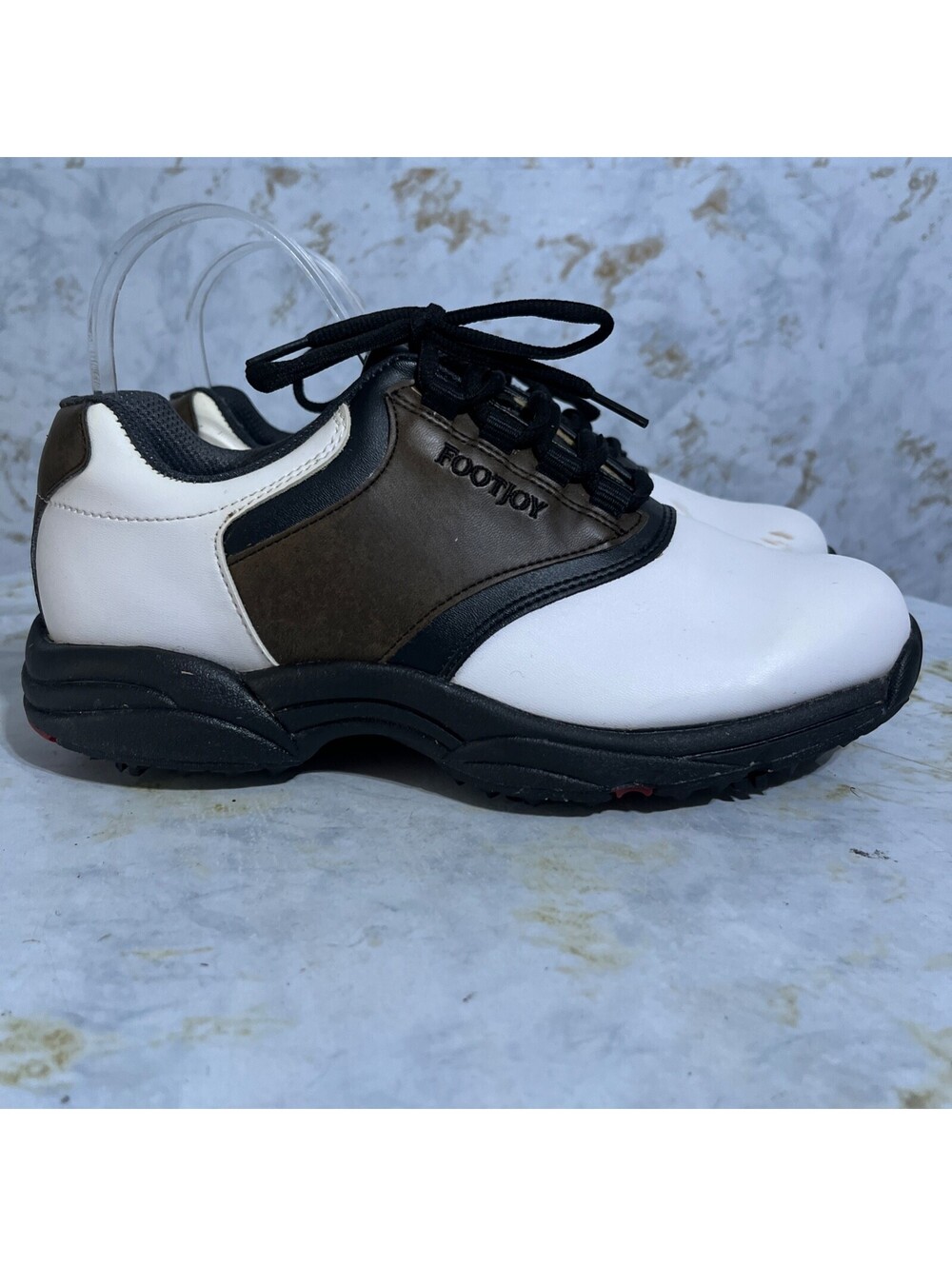 Footjoy Greenjoys Men's Size 7.5 Golf Shoes White Brown Leather Spiked Cleats